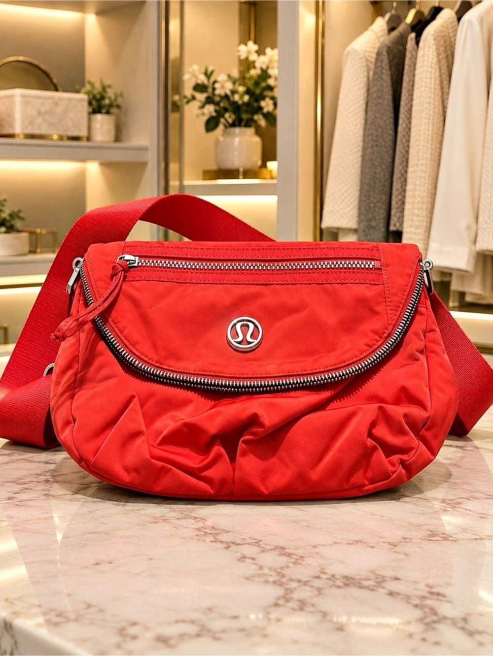 Lululemon Athletica Red Crossbody Shoulder Bag Adjustable Strap Silver Hardware